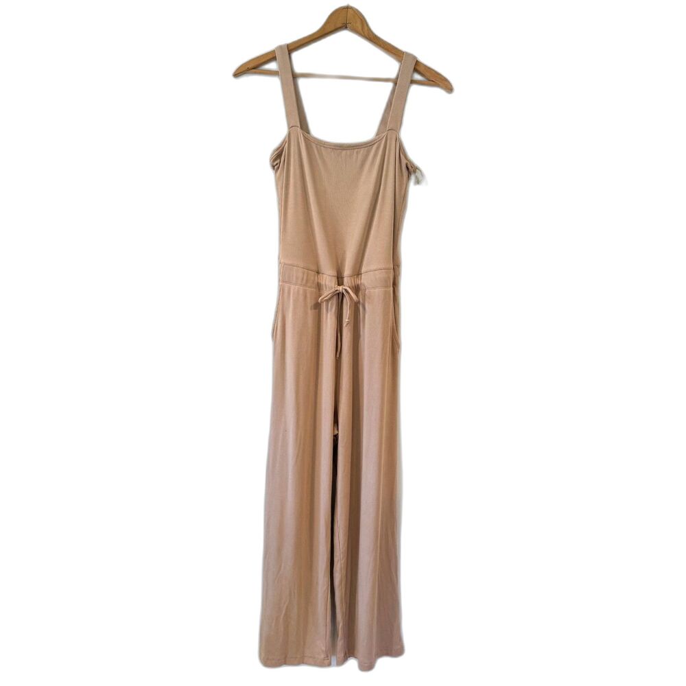 Wishlist Tan Wide Leg Palazzo Stretch Knit Jumpsuit Medium Waist Tie Ribbed
